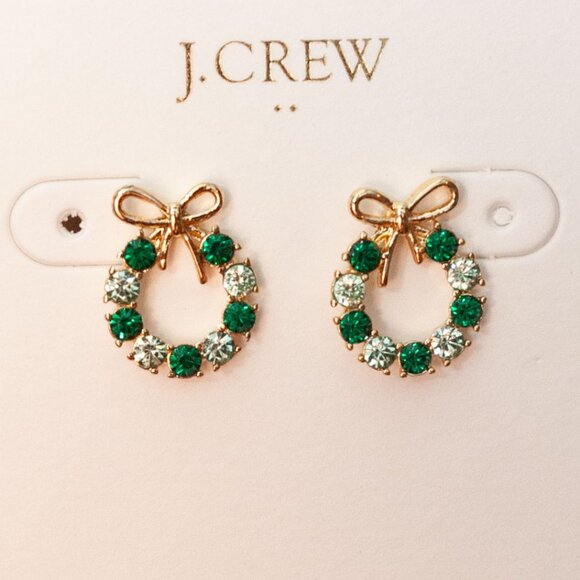 NWT J. Crew Winter Wreath Post Earrings in Crystal and Emerald - Picture 2 of 9